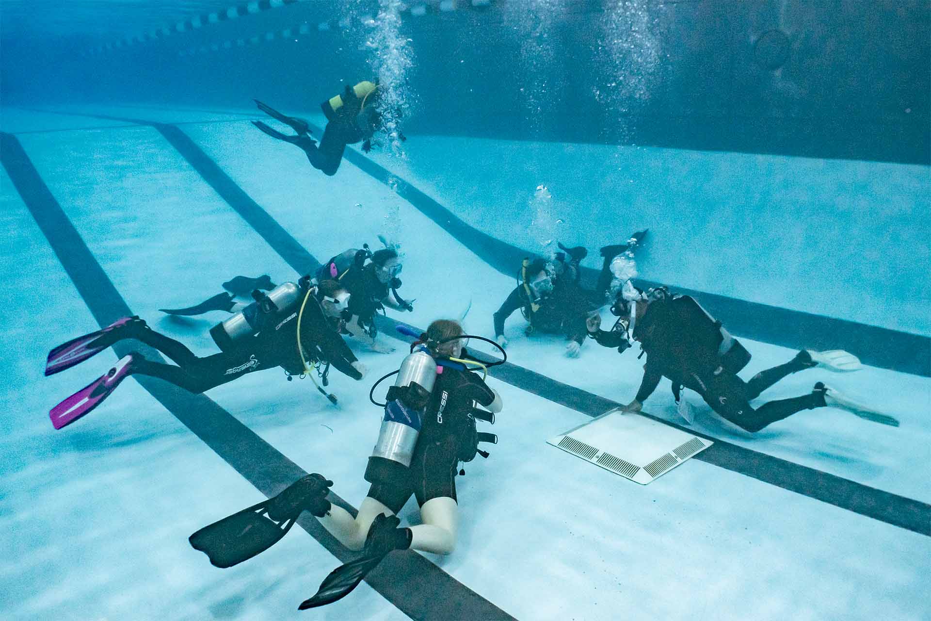 Group of beginner scuba students learning together during PADI Open Water course at Columbus Scuba