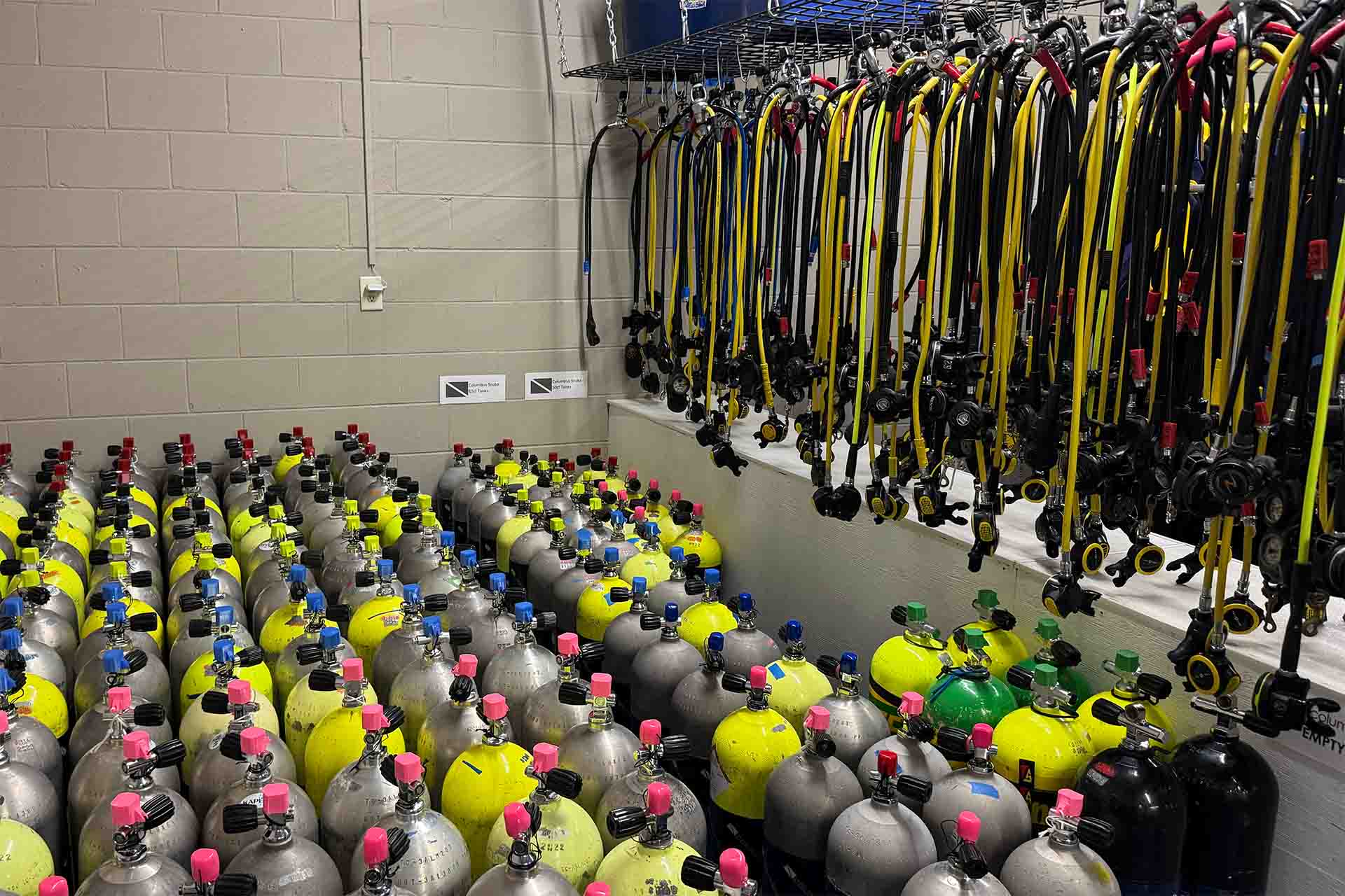 Columbus Scuba rental tanks and regulators ready for use