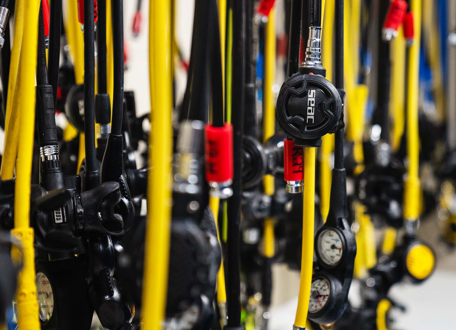 Scuba diving regulators hanging in Columbus Scuba shop ready for rental