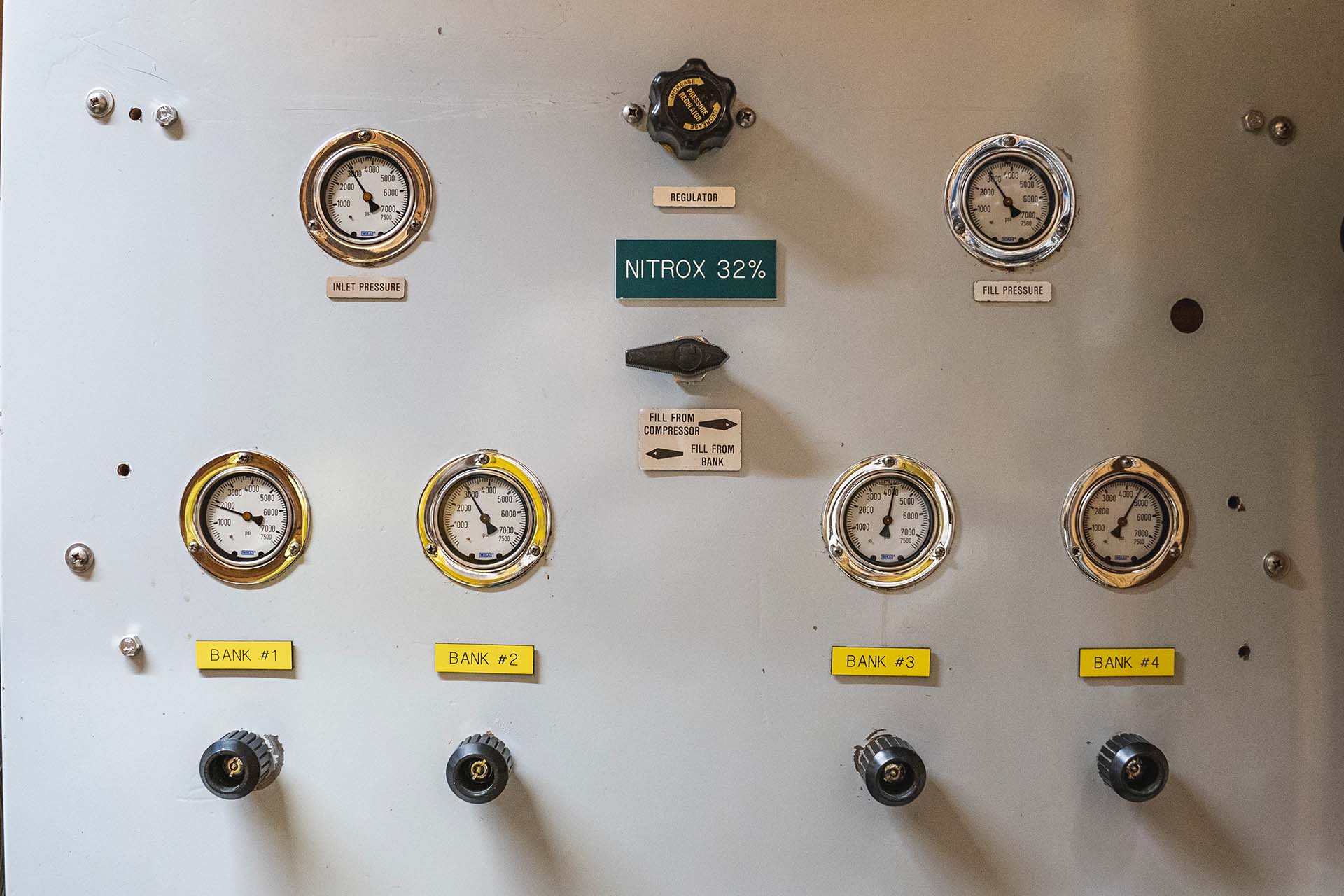 Four-bank ASME nitrox cascade fill panel with regulator pressure gauges and fill controls Columbus Scuba
