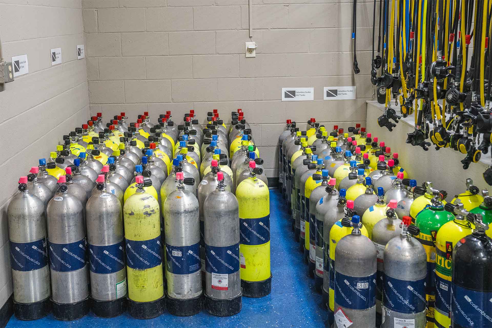 Rental tanks organized by size and color at Columbus Scuba rental gear room