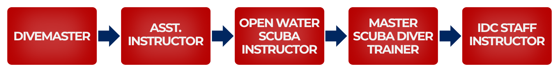 PADI professional scuba certification pathway diagram showing progression from Divemaster to Assistant Instructor, Open Water Scuba Instructor, Master Scuba Diver Trainer, and IDC Staff Instructor — Columbus Scuba Columbus Ohio